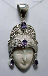925 Sterling Silver Amethyst Ox Bone Face Bali Goddess Pendant