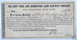 New York Greenwood Lake Railway Bond Railroad 1879 RR