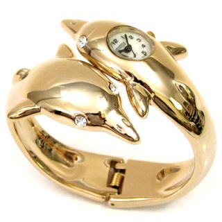 Twins Dolphins All Gold Plated Womens Bangle Cuff Watch