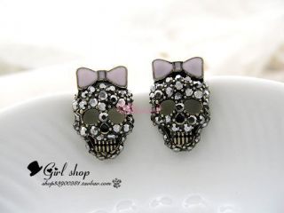 Skull with White Bow and Black Diamante Earrings Great Design UK