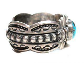Harry H Begay –Morenci Turquoise Cuff–Heavy Silver Work