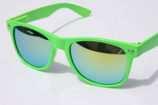 Neon Green Wayfarer Sunglasses Yellow Mirror Lens New Vintage Retro