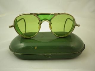 VINTAGE GREEN MOTORCYCLE ANTIQUE SUNGLASSES SAFETY GLASSES GOGGLES