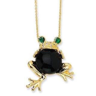  Silver Onyx and Simulated Emerald Frog Necklace   18 Inch   QTP162657