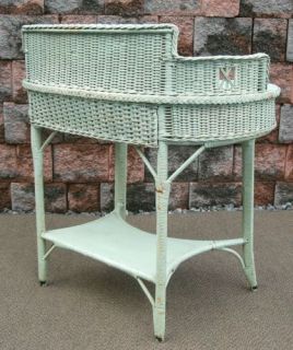 Vintage Country Lake Beach House Chic Shabby Green Wicker Laptop Desk