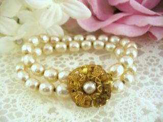 Perfect Miriam Haskell 2 Strand Baroque Pearl & Gold Filigree Floral