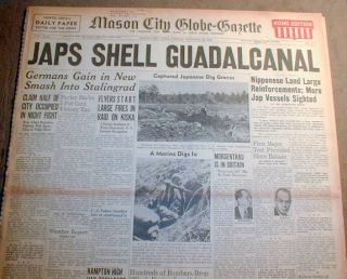 1942 headline newspaper BATTLE OF GUADALCANAL in Pacfic Theater of WW