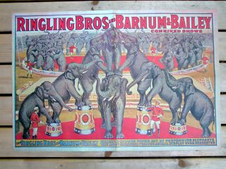 Vintage Barnum Bailey Circus Poster Elephants in Center Ring Ringling
