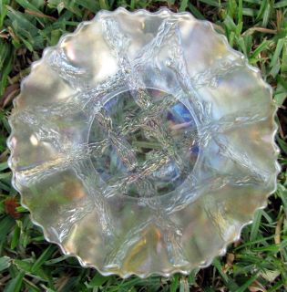 Dugan Grapevine Lattice White Carnival Glass Low Ruffled Bowl Circa