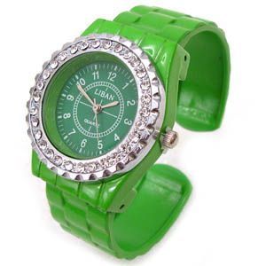 Green Designer Style Crystal Bezel Bangle Cuff Watch