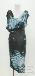 Helmut Lang Grey Blue Printed Asymmetrical Sleeve Cowl Neck Dress Size