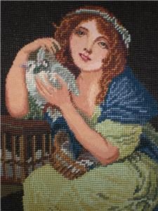 Completed Needlepoint Canvas Tapestry Girl with Doves