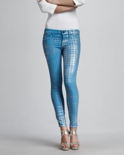 Rich and Skinny Legacy Blue Foil Houndstooth Skinny Jeans   Neiman