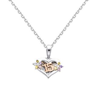 14K White Gold 15 Años CZ Charm Pendant with Yellow Gold 1.1mm Oval