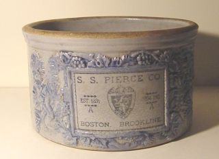 BLUE DECORATED S S PIERCE Co BOSTON BROOKLINE CHEESE or Cake Crock