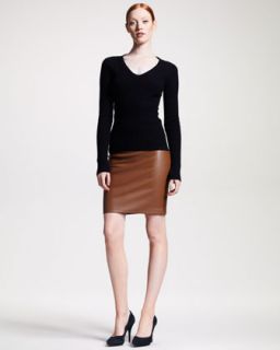 THE ROW V Neck Cable Sweater & Lambskin Pencil Skirt   