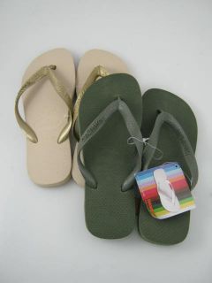  on a pair of lot 2 nwt havaianas kids tan olive flip flops in a size 6