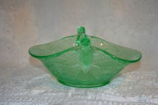 Green Depression Vaseline Glass Hummingbird Bird Bowl Dish