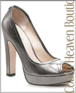   COACH BREANA Platform Metallic Pewter Leather Peep Toe Heels Shoes 5