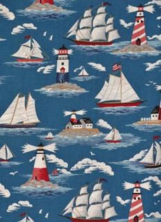Tall Ships Lighthouse Sailboat Nautical Clipper Schooner Ocean Cotton