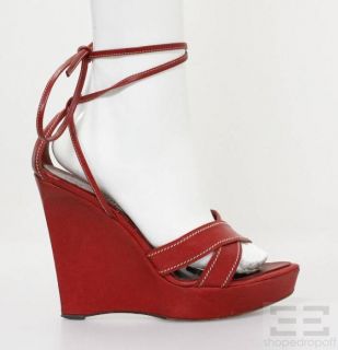 Yves Saint Laurent Red Leather Wrap Around Wedge Heels, Size 39