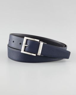 N1RU8 Prada Saffiano Leather Reversible Belt, Black/Navy Blue