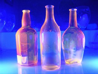 HOC THREE 3 Antique Manganese Bottles 6 Tall UV glass w MORE MANGANESE