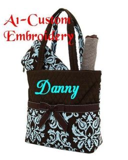 Personalized 3pc Diaper Bag Quilted Brown and Turquoise Fast Shipping
