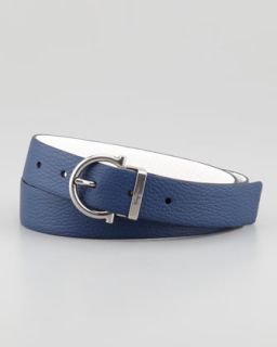 N1Y5X Salvatore Ferragamo Reversible Gancini Belt, Blue/White