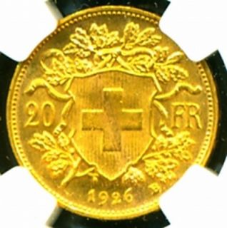 1926 B Switzerland Gold Coin 20 Francs NGC Cert Genuine Grade MS 63