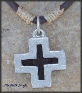 Mens Distressed Leather Surfer Necklace Pewter Cross