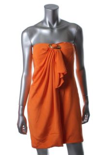 Hoaglund New Orange Silk Gold Buckle Faux Wrap Stapless Cocktail Dress