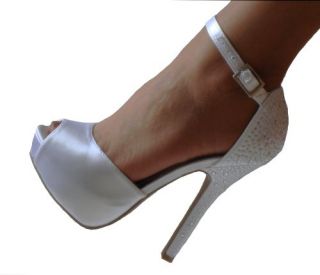 White Satin Rhinestone Platform Bridal Pumps Heels Shoes