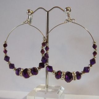Clip on Purple 2 Glass Crystal Hoop Earrings Basketball Wives