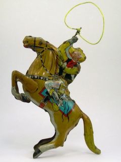  Tin Litho Wind Up Toy Cowboy with Horse Lasso Made in Japan