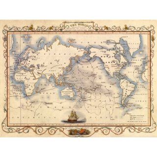 1800S THE WORLD MAP VOYAGES CAPTAIN COOK VINTAGE POSTER