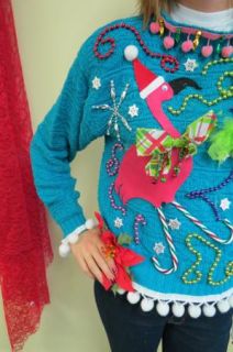 Pink Flamingo Tropical Tacky Ugly Christmas Sweater Bright Blue Fun
