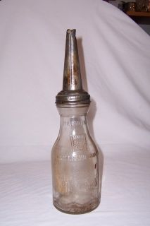 Vintage Huffman Glass Bottle One Quart Motor Oil Can Metal Cap and