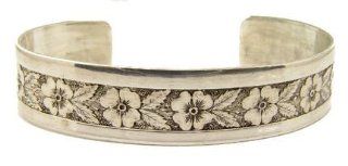 Victorian Style Sterling Silver Forget Me Not Flower Engraved Cuff