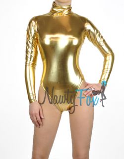 Sexy Gold Metallic Mock Neck Leotard PVC Bodysuit 2XL