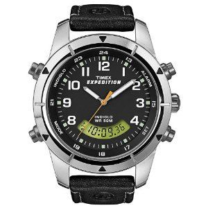  Expedition Black Leather Analog/Digital Watch, Indiglo, Alarm,T49827
