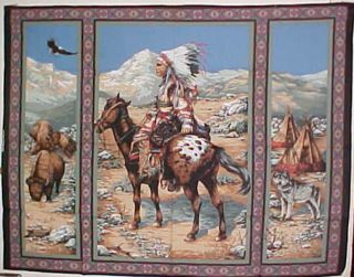 NEW Spring Industries Fabric Panel 3 Paneled Indian on Horse Buffalo