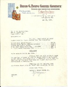 1937 Letter David G. Evans Coffee Co. St. Louis, Missouri Old Judge