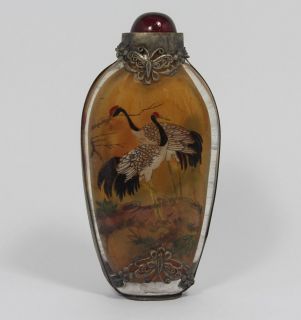 Chinese Old Glass Handwork Interior Painting Crane Snuff Bottle