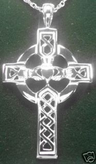Silver Claddagh Celtic Cross Necklace Irish Jewelry LG S