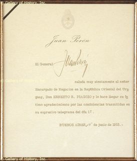 Juan D Peron Typed Letter Signed 06 01 1953