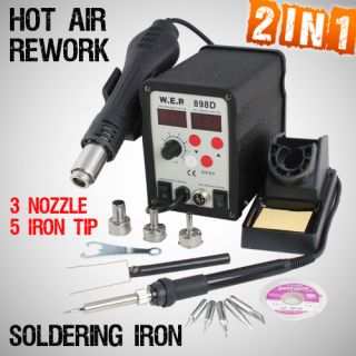  SMD Hot Air Gun Rework Soldering Iron Station w 3 Nozzle 5 Tips