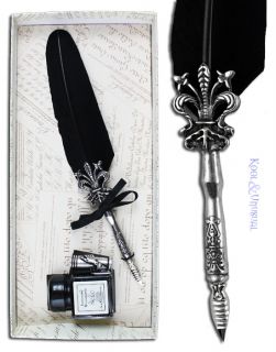 Black Italian Feather Quill Fleur de Lis Pen and Ink Set with Holder