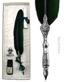 Dark Green Italian Feather Quill Pen and Ink Set with Fleur de Lis