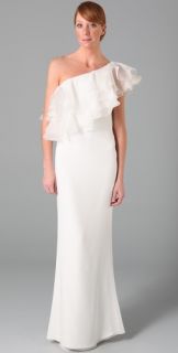 Marchesa Notte One Shoulder Column Gown with Organza Ruffle